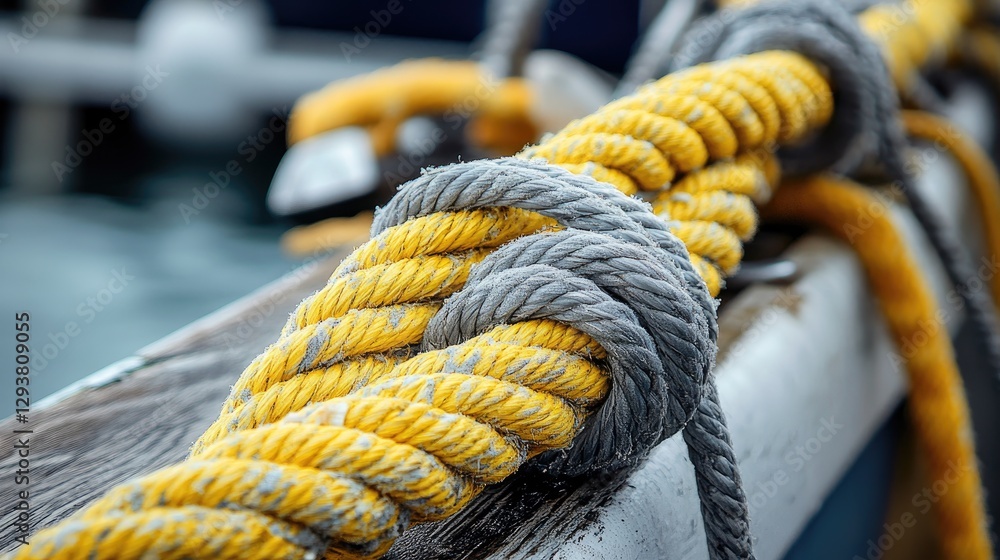Poster detailed shot of a yellow and gray rope securing a boat to the dock, emphasizing the rope texture an