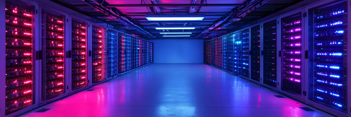 a rack of servers with blinking LED lights - symbolizing data transfer in a secure data center wide banner - white background