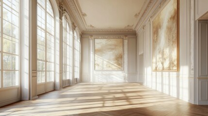 Obraz premium Bright and Elegant Empty Room with High Ceilings and Large Windows