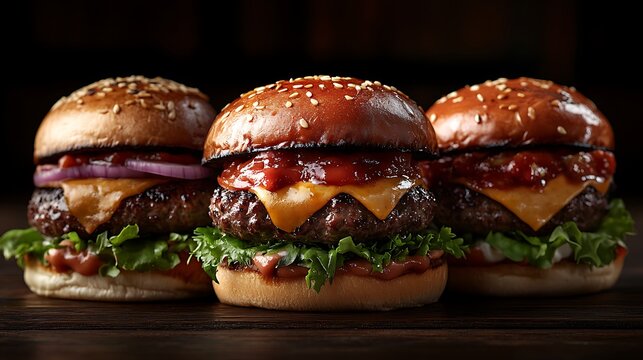 Visually enticing studio photography of a gourmet slider burger trio, featuring three miniature burgers, each creatively topped and paired with unique sauces, perfectly illuminated, - Powered by Adobe