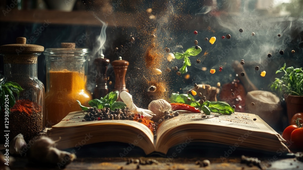 Poster Dynamic image of a cookbook display with spices and ingredients floating in mid-air, evoking creativity in cooking