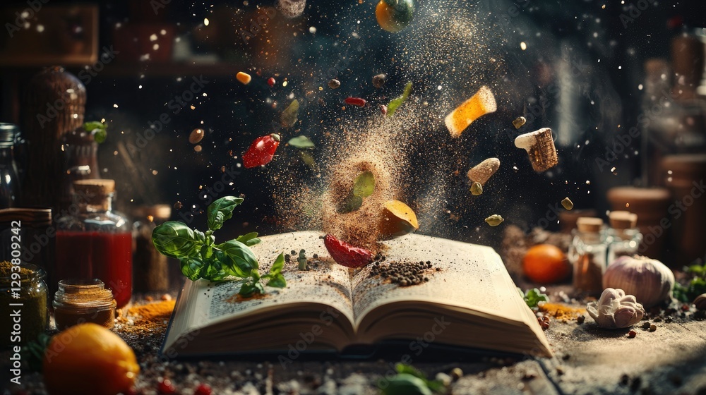 Poster Dynamic image of a cookbook display with spices and ingredients floating in mid-air, evoking creativity in cooking