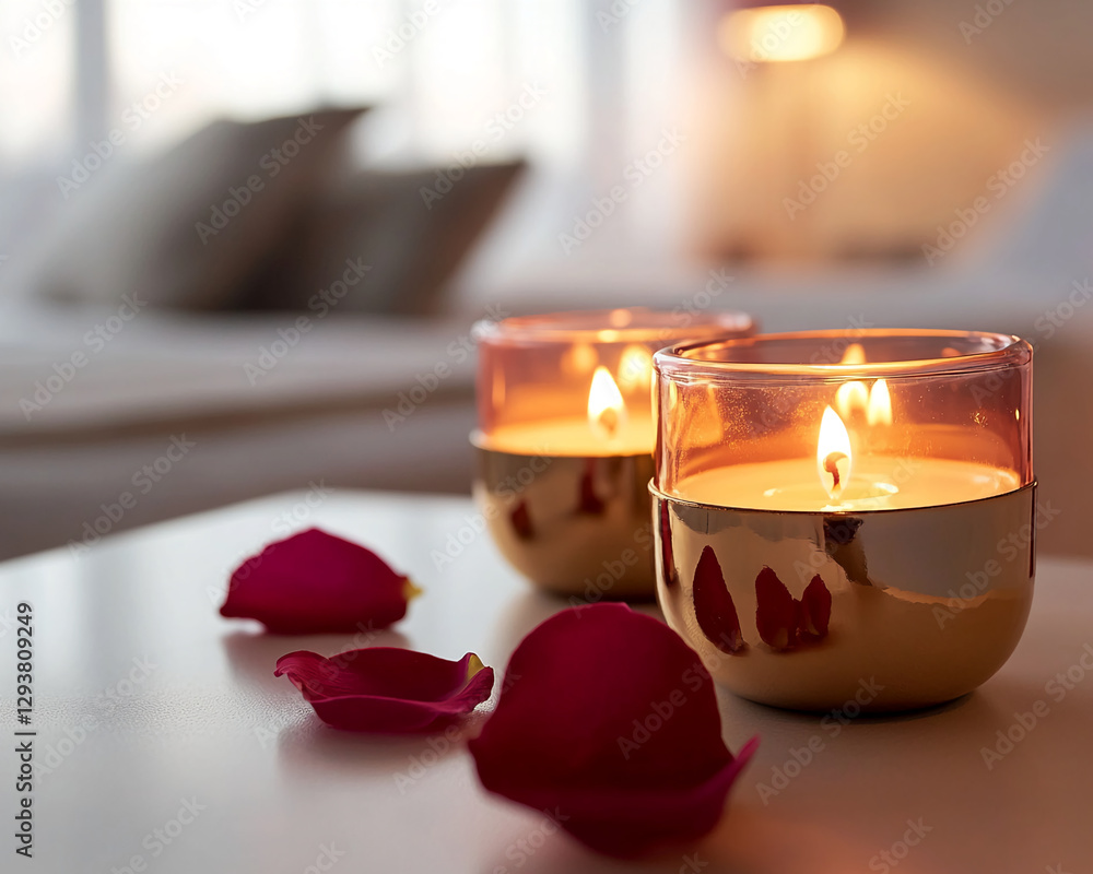 Poster close-up of lit candles with rose petals scattered on a table, creating a romantic and tranquil atmo