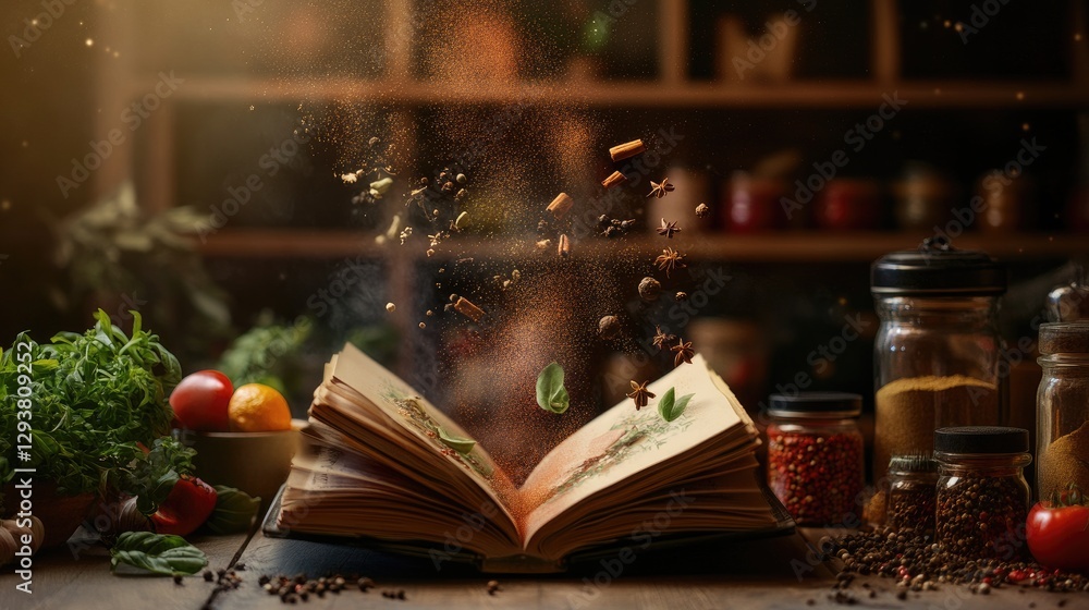 Poster Dynamic image of a cookbook display with spices and ingredients floating in mid-air, evoking creativity in cooking