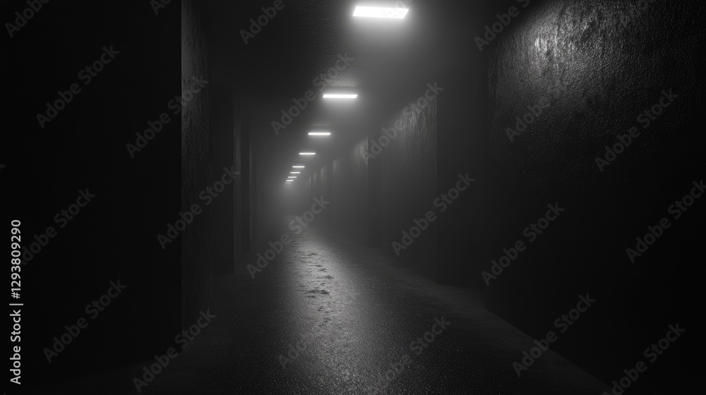 Poster Eerie dark tunnel with vanishing perspective, creating a feeling of isolation and depth with dim lighting