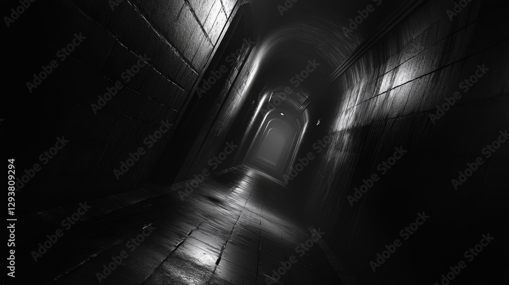 Poster Eerie dark tunnel with vanishing perspective, creating a feeling of isolation and depth with dim lighting