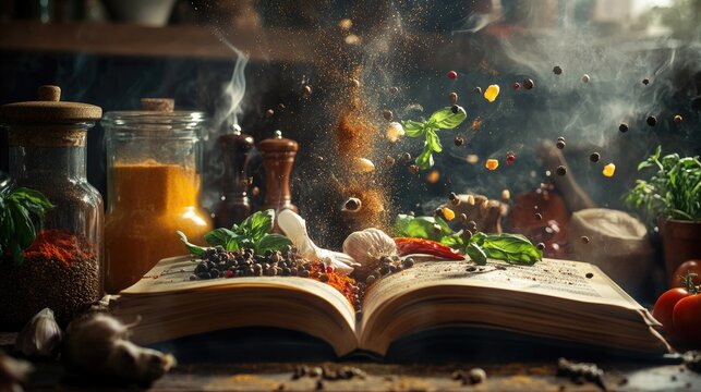 Dynamic image of a cookbook display with spices and ingredients floating in mid-air, evoking creativity in cooking