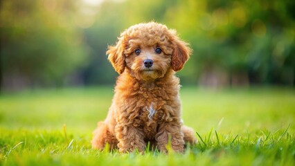 Fototapeta premium A playful red toy poodle puppy sitting on green grass with its front legs bent and tail wagging, playtime