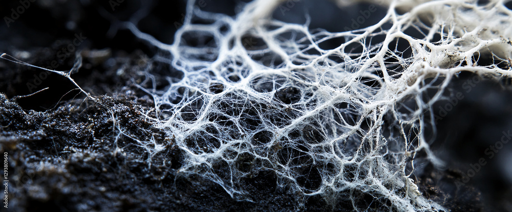 Poster Close-up of white fibrous threads on dark soil, highlighting intricate networks and natural patterns, symbolizing growth, connection, and the natural world.