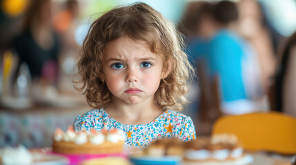 A child at a birthday party looking sad while others eat cake, due to a food