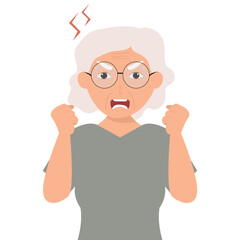 Angry frustrated senior woman screaming. Irritation, mad expression, frustration and negative emotion vector graphic illustration.