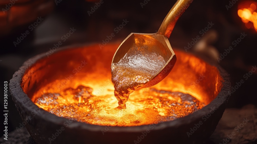Poster factory setting with molten metal being poured from a ladle, showing an industrial environment and s