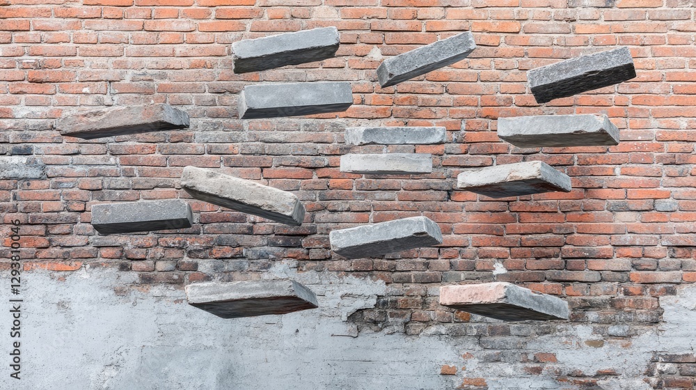 Poster Floating bricks in mid-air against a rustic brick wall, creating an illusion of motion and dimensionality in a modern architectural setting