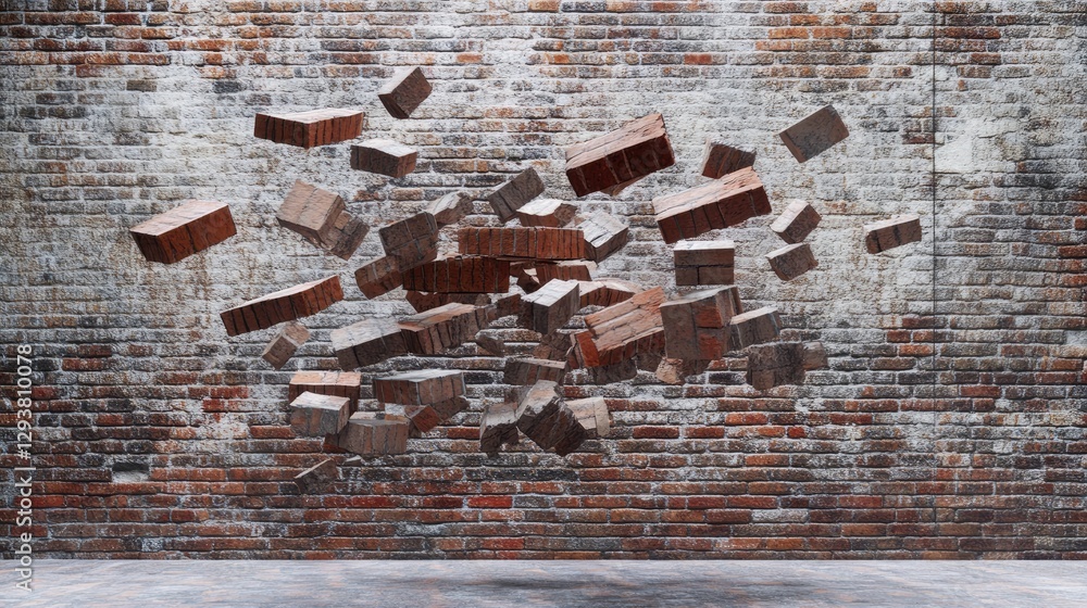 Aufkleber Floating bricks in mid-air against a rustic brick wall, creating an illusion of motion and dimensionality in a modern architectural setting