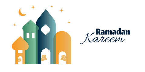 Fototapeta premium Blessed Ramadan, Ramadan month of blessings Ramadan Kareem, text translation in Arabic letters, houses, buildings, month, stars, gold, ram, sheep, vector illustration