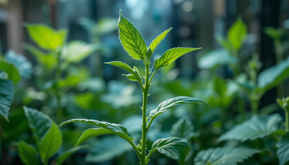 Show a close-up of a plant being genetically modified in a lab, showcasing the intersection between nature and technology Highlight the