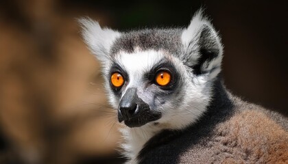 Obraz premium Vivid and Introspective Closeup Portrait of a Captivating Lemur Catta, with Beguiling Eyes Aglow in the Soft Glow of Moonlight