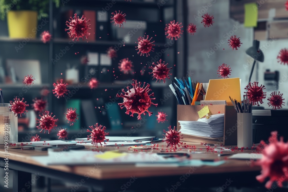 Poster red viruses float menacingly over office desk