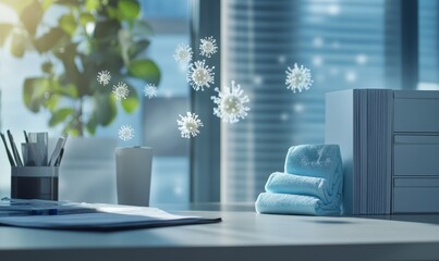 Fototapeta premium Workplace hygiene focus viruses linger threat visible.