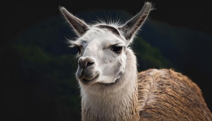 Llama Portrait amidst the Majestic Andean Highlands, Basking in the Glow of a Warm Sunset, Crowned by the Towering Peaks of the Rockies in Stunning Detail.