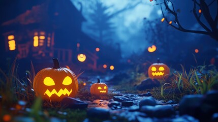 Fototapeta premium Halloween 3D background Concept: evil pumpkins and haunted house. Spooky scary Dark Night forest. Perfect for October holiday event, festive banner, computer desktop, marketing advertising. copy space