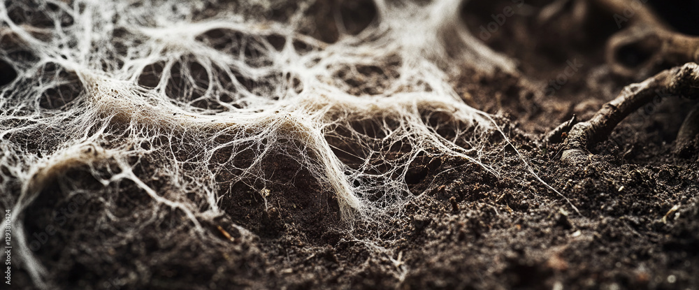 Poster close-up of delicate white fibrous roots and networks spreading across soil, representing growth, na