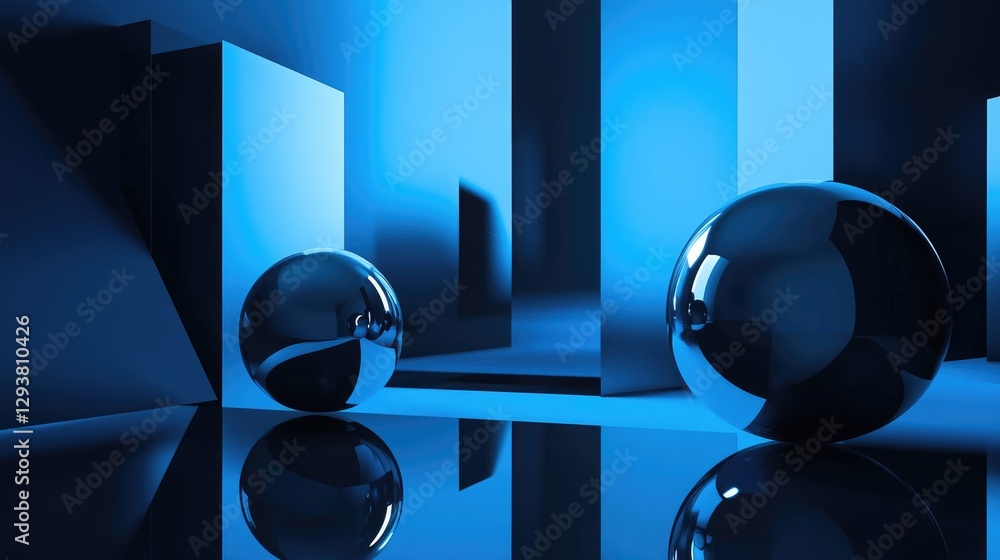 Poster Floating spheres and abstract geometric shapes in a minimalist blue and black composition, with reflective surfaces and soft shadows enhancing the visual impact