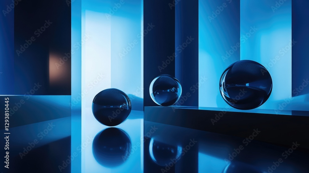 Poster floating spheres and abstract geometric shapes in a minimalist blue and black composition, with refl
