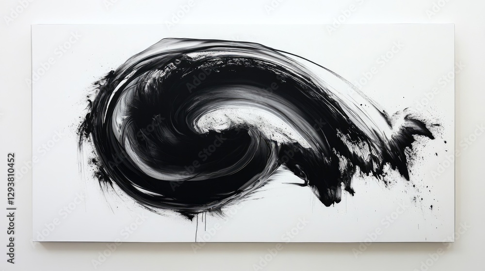 Poster Fluid dark swirl of ink or paint on a white canvas, creating a striking and modern abstract art piece