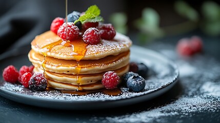 Artistic culinary photography capturing fluffy pancake stack drizzled elegantly with maple syrup, garnished thoughtfully with assorted fresh berries, delicate powdered sugar sprinkle,