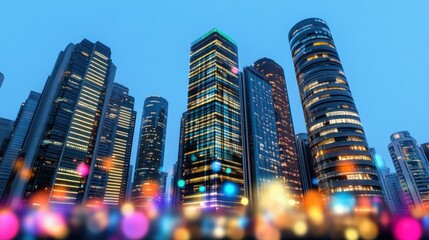 Modern skyscrapers illuminated at dusk showcasing vibrant city life and architecture, urban skyline, contemporary buildings, cityscape, night lights, urban development concept