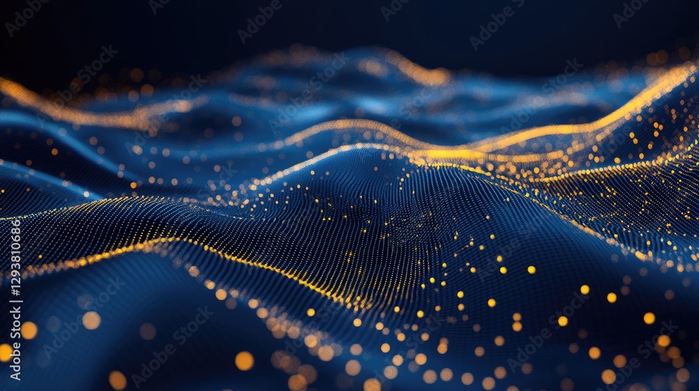 Poster futuristic abstract digital scene with rich blue and gold tones, creating a stunning visual represen