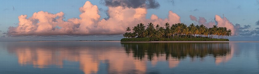 Obraz premium Serene Tropical Island at Sunrise Calm Ocean Reflecting Pink Clouds and Lush Palm Trees