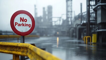 No Parking Sign in Front of Industrial Plant During Rain