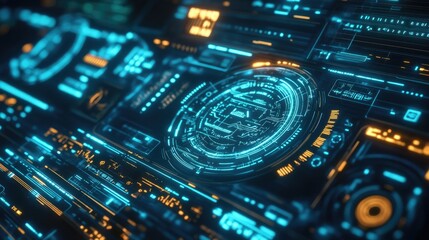 Fototapeta premium Futuristic HUD interface elements glow in blue and neon green, displaying intricate symbols and data visualizations for a high-tech environment