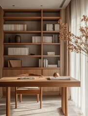 A wooden desk setup in a cozy and minimal space