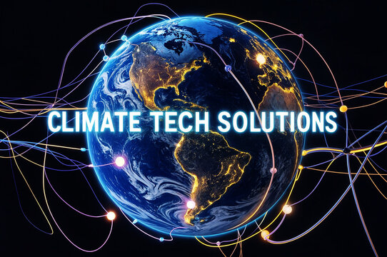 A vibrant illustration of the Earth with glowing connections and the word text "CLIMATE TECH SOLUTIONS", suggesting a focus on technological solutions for environmental issues