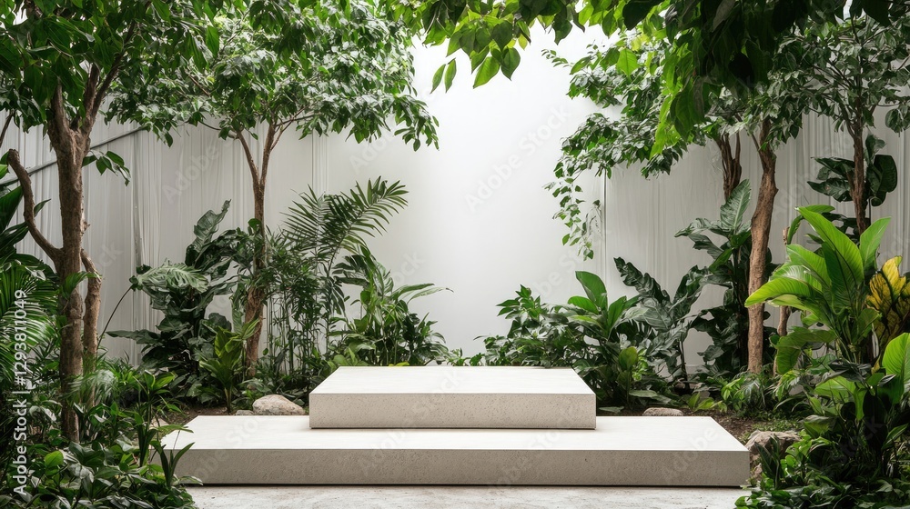 Poster geometric podiums in a minimalist design, surrounded by lush green plants, creating a serene and mod