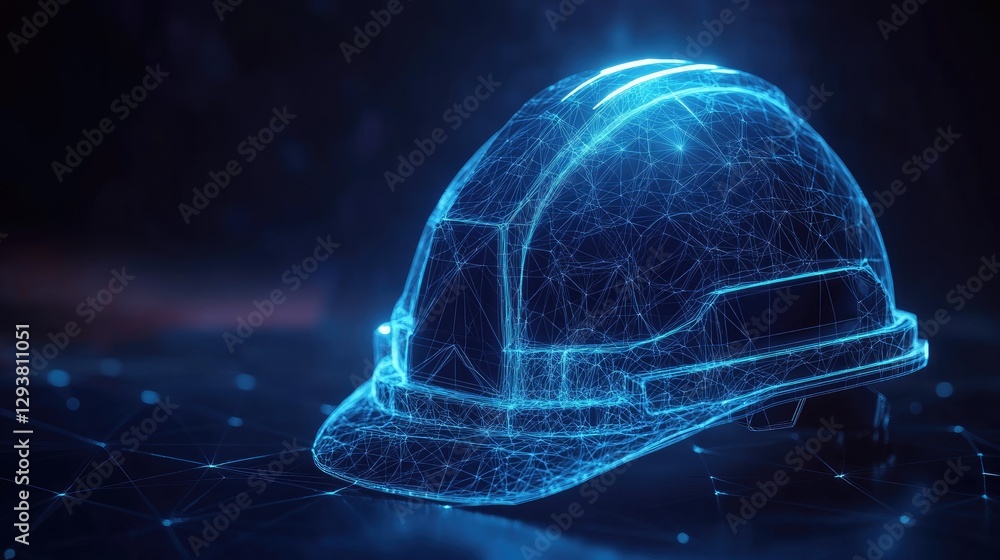 Poster futuristic low-poly construction helmet glowing with blue light, representing work safety in a moder