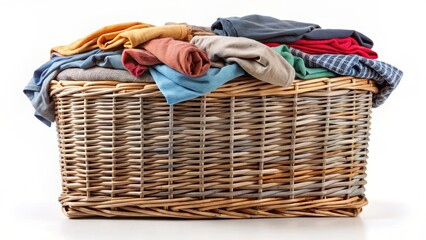 Pile of clothes in a square wicker basket cut out isolated on background