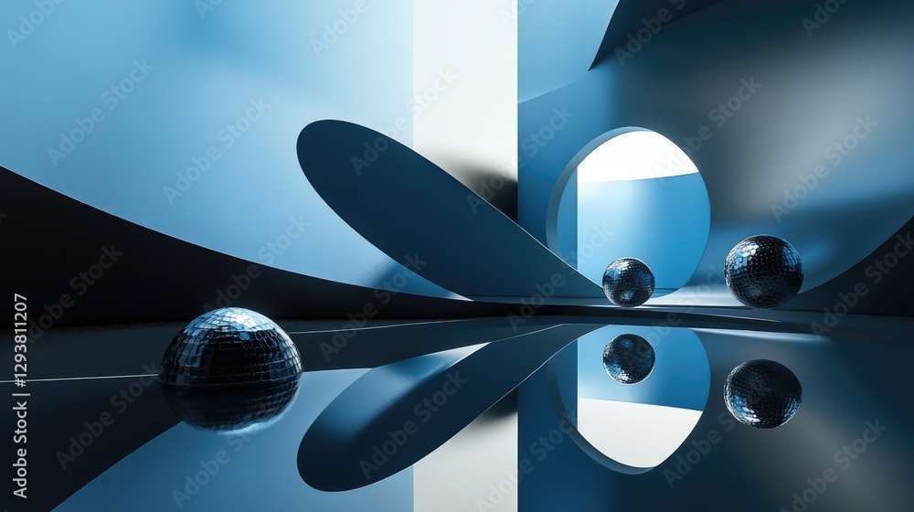 Poster Geometric shapes and floating spheres in an abstract design, set in a modern blue and black environment, with dynamic reflections and shadows creating intrigue