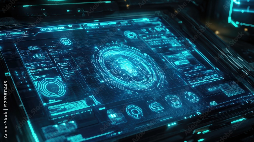 Poster Glowing blue and neon green HUD interface elements with futuristic symbols and dynamic data visualizations, representing advanced technology and digital systems