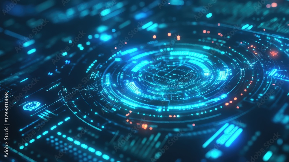 Aufkleber Glowing blue and neon green HUD interface elements with futuristic symbols and dynamic data visualizations, representing advanced technology and digital systems