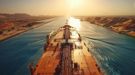A ship moves forward through a narrow waterway at sunrise, casting reflections on the serene surface. Desert dunes are visible on either side under a clear sky.