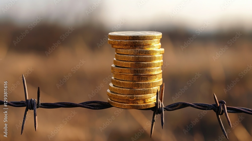 Poster golden coins precariously stacked on barbed wire, representing the fragile balance between financial
