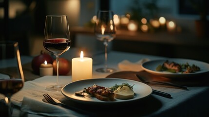 Fototapeta premium A minimalist intimate dinner setting with a single lit candle and two wine glasses