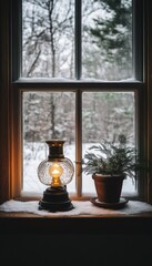 A warm lamp and potted plant sit on a snowy windowsill, offering a cozy winter scene.