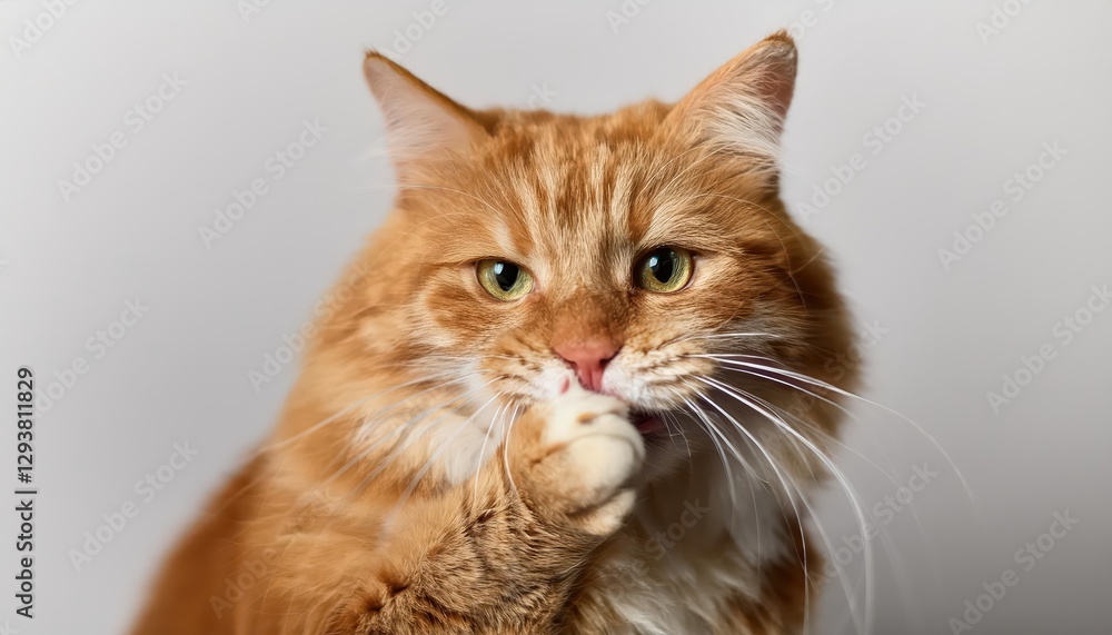 Poster Vivid Red Feline Portrait Against Pristine Backdrop Capturing the Majestic Grace and Vibrancy of a Striking Cat, Illuminated by Soft Light in a Minimalistic Setting