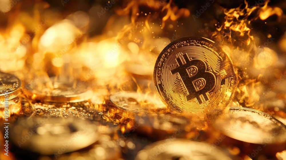 Poster golden cryptocurrency coins melting, with clock hands symbolizing time and investment dynamics in th