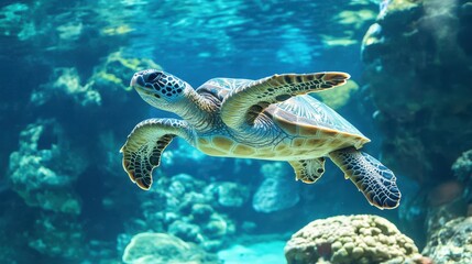 Obraz premium Graceful Sea Turtle Swimming Through Vibrant Coral Reef Habitat